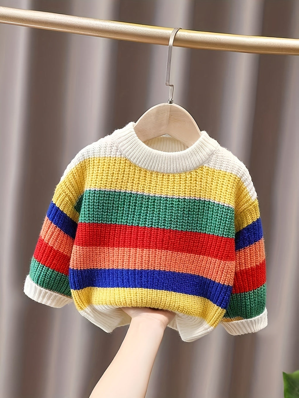 Kids Rainbow Striped Knit Sweater — Baby & Toddler Crewneck Pullover, Thick Long-Sleeve Loose Fit (0-3 Years)