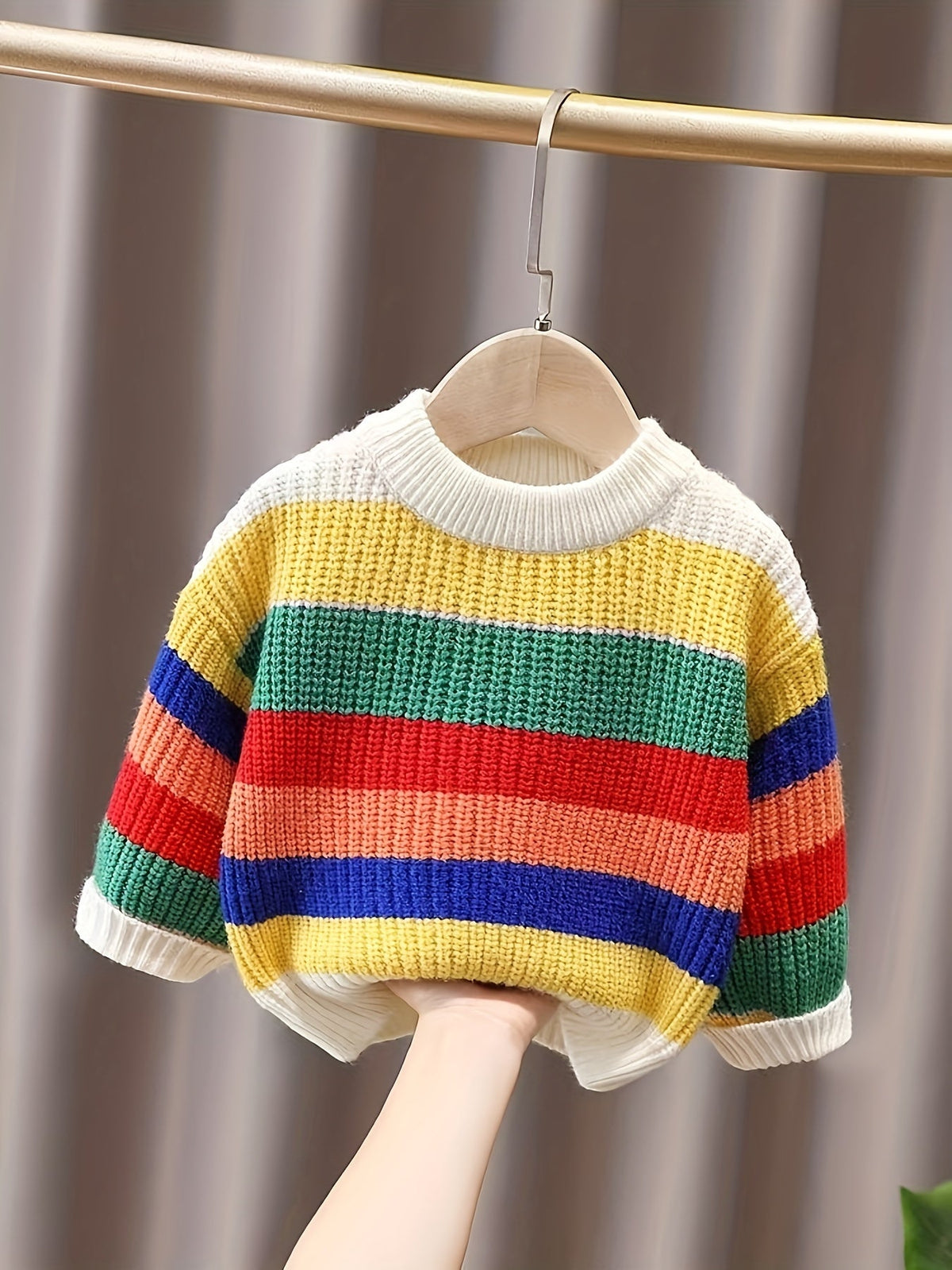 Kids Rainbow Striped Knit Sweater — Baby & Toddler Crewneck Pullover, Thick Long-Sleeve Loose Fit (0-3 Years)