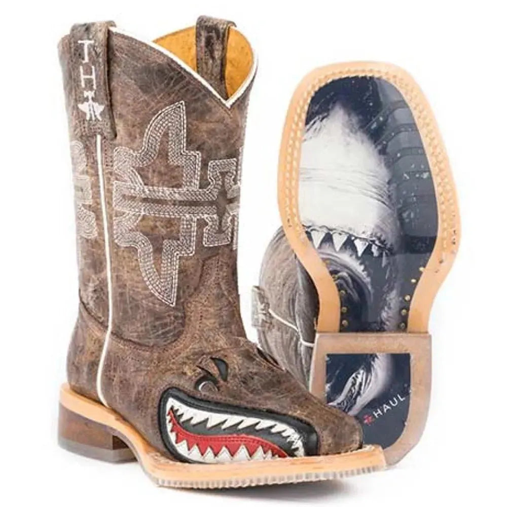 Tin Haul Sharky / Man Eater Sole (Tan) - Little Kids/Big Kids Leather Cowboy Boots