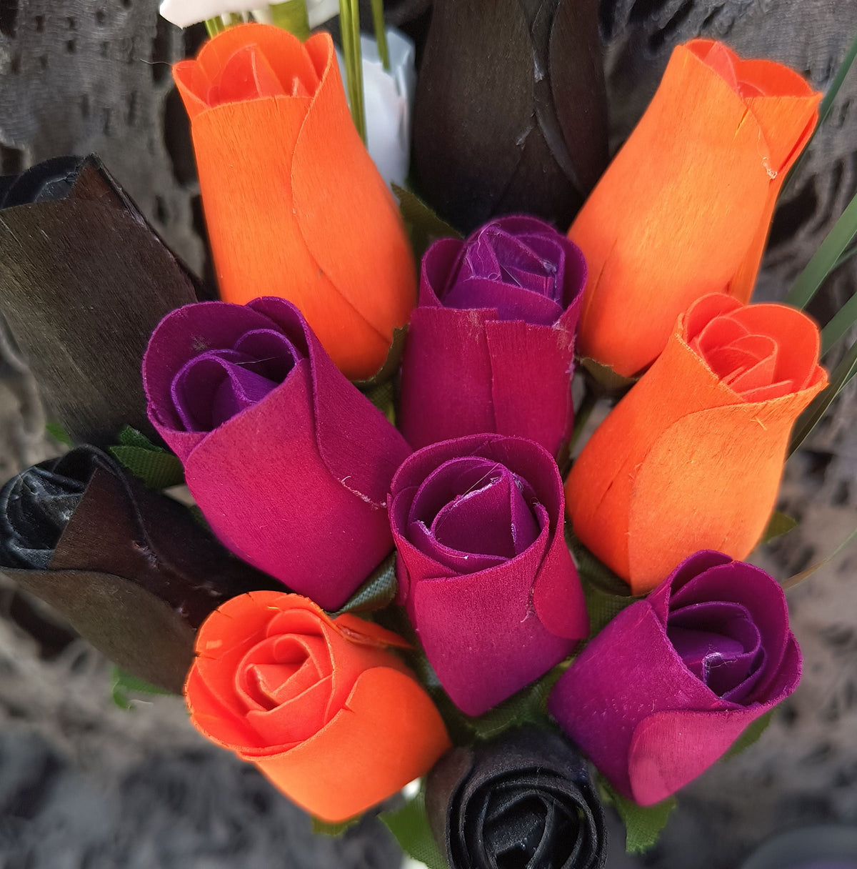 Halloween Wooden Rose Bouquet – Black, Orange & Violet