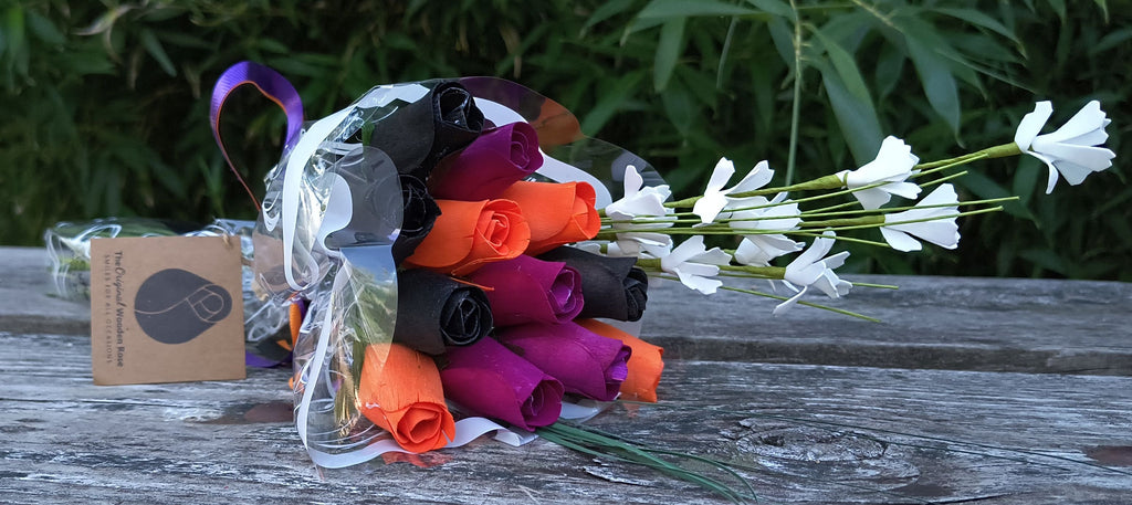 Halloween Wooden Rose Bouquet – Black, Orange & Violet