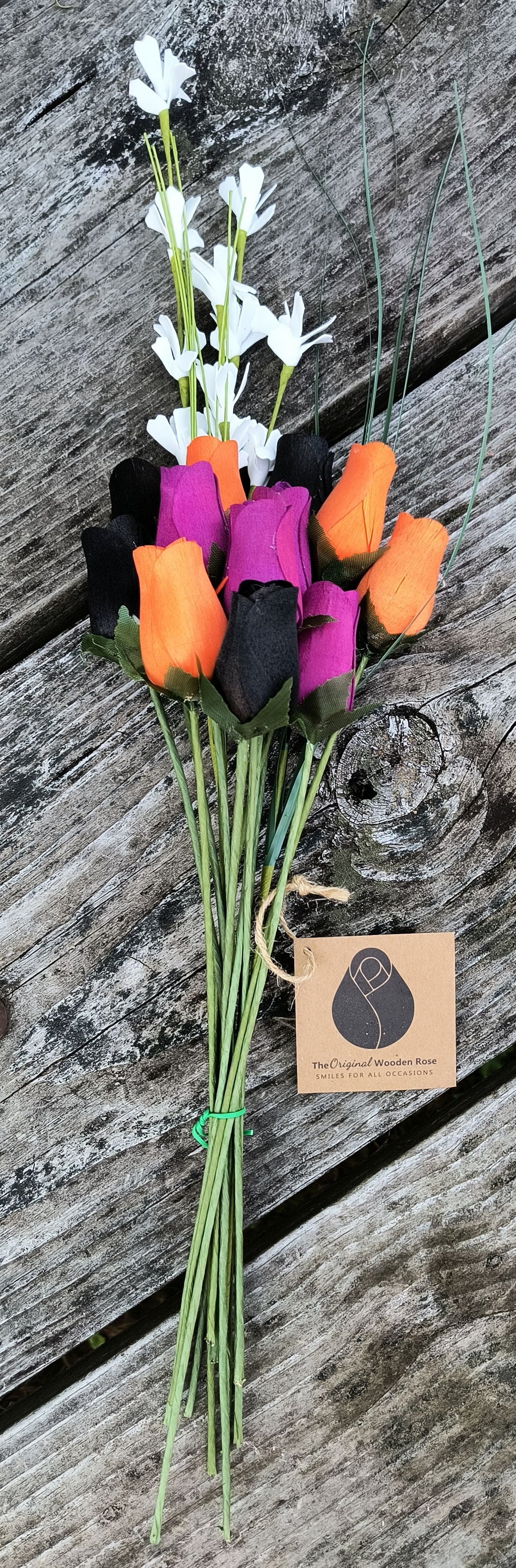 Halloween Wooden Rose Bouquet – Black, Orange & Violet