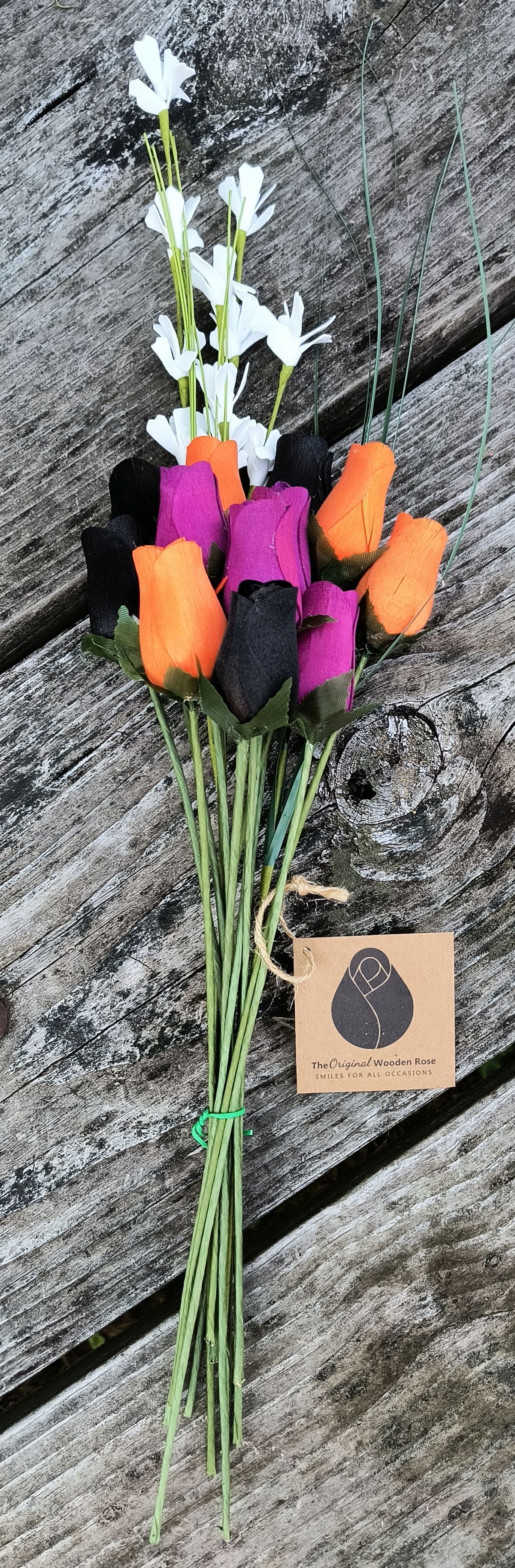 Halloween Wooden Rose Bouquet – Black, Orange & Violet