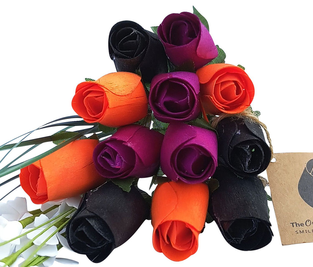Halloween Wooden Rose Bouquet – Black, Orange & Violet