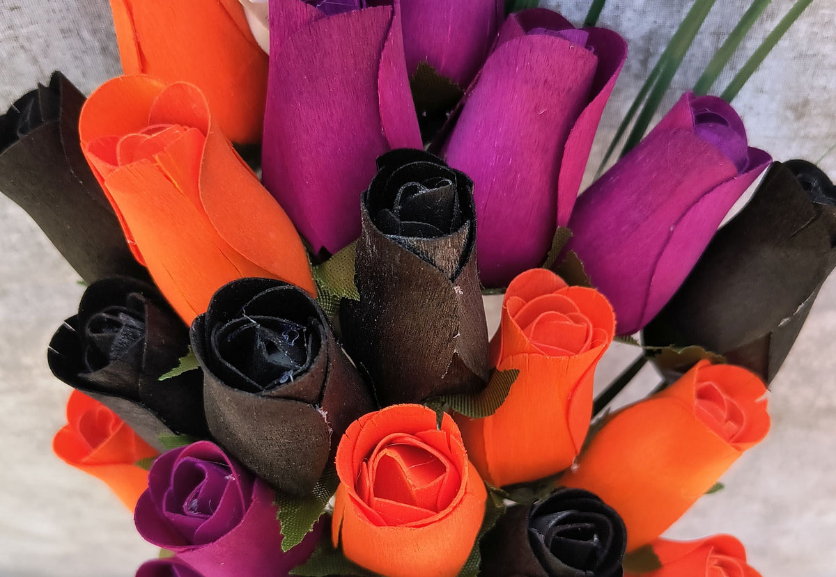 Halloween Wooden Rose Bouquet – Black, Orange & Violet