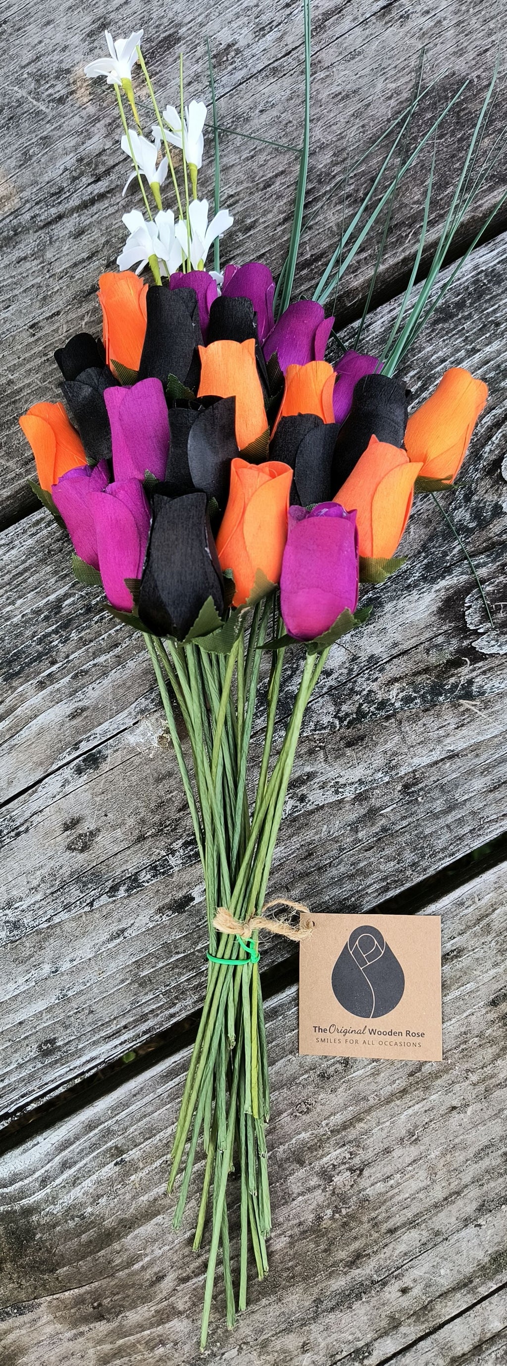Halloween Wooden Rose Bouquet – Black, Orange & Violet