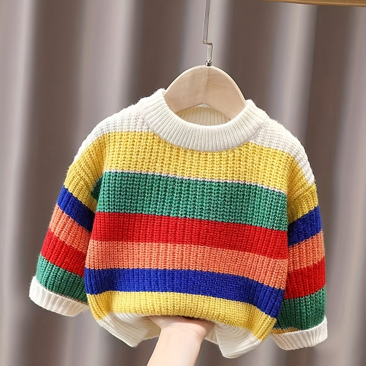 Kids Rainbow Striped Knit Sweater — Baby & Toddler Crewneck Pullover, Thick Long-Sleeve Loose Fit (0-3 Years)