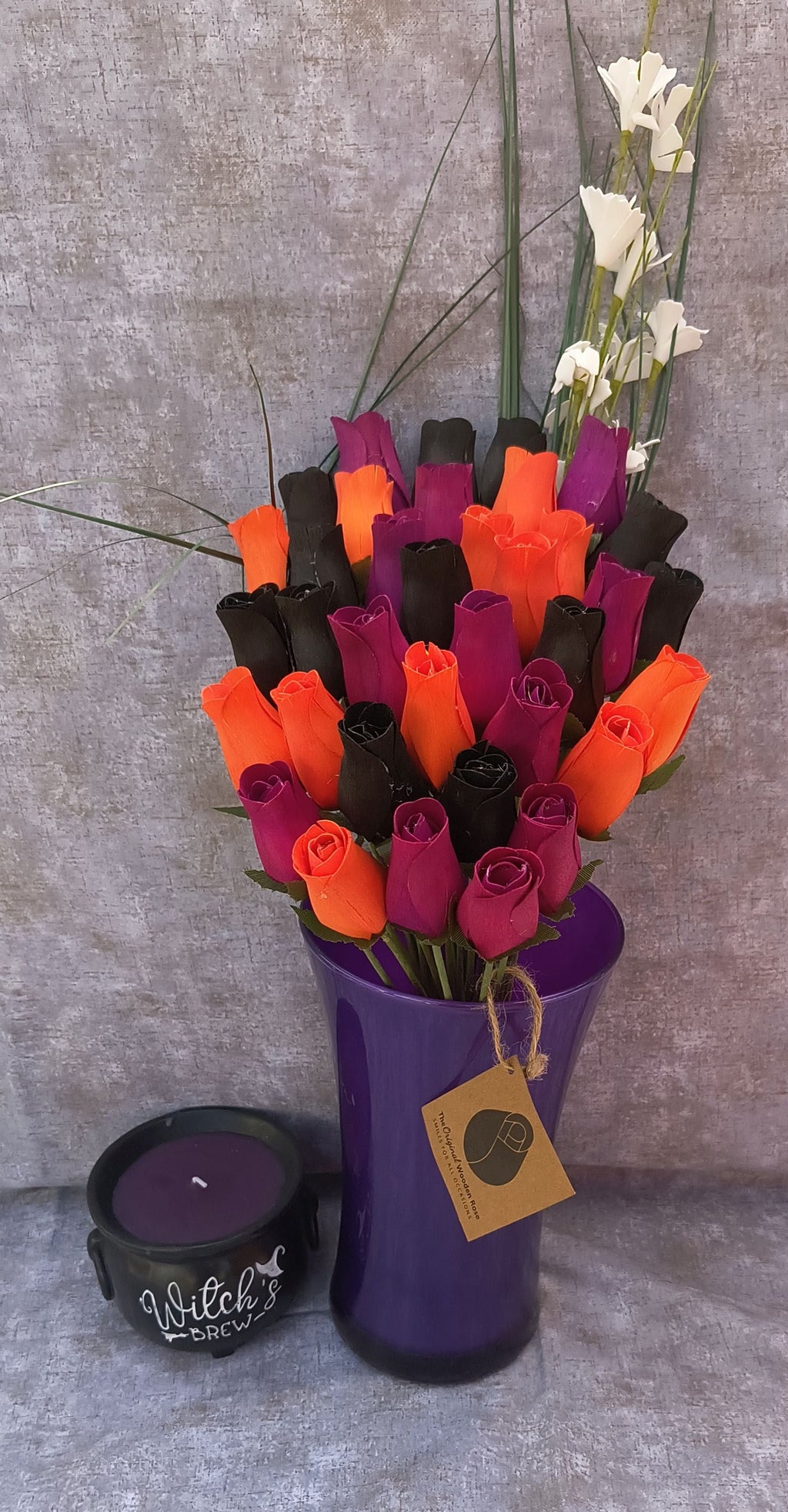 Halloween Wooden Rose Bouquet – Black, Orange & Violet