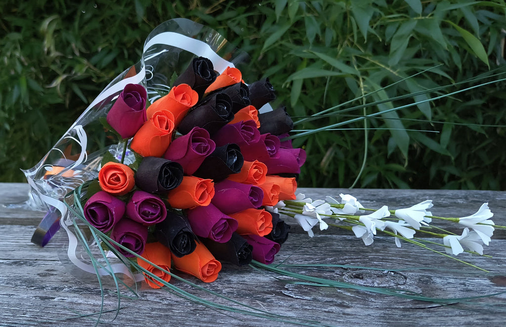 Halloween Wooden Rose Bouquet – Black, Orange & Violet