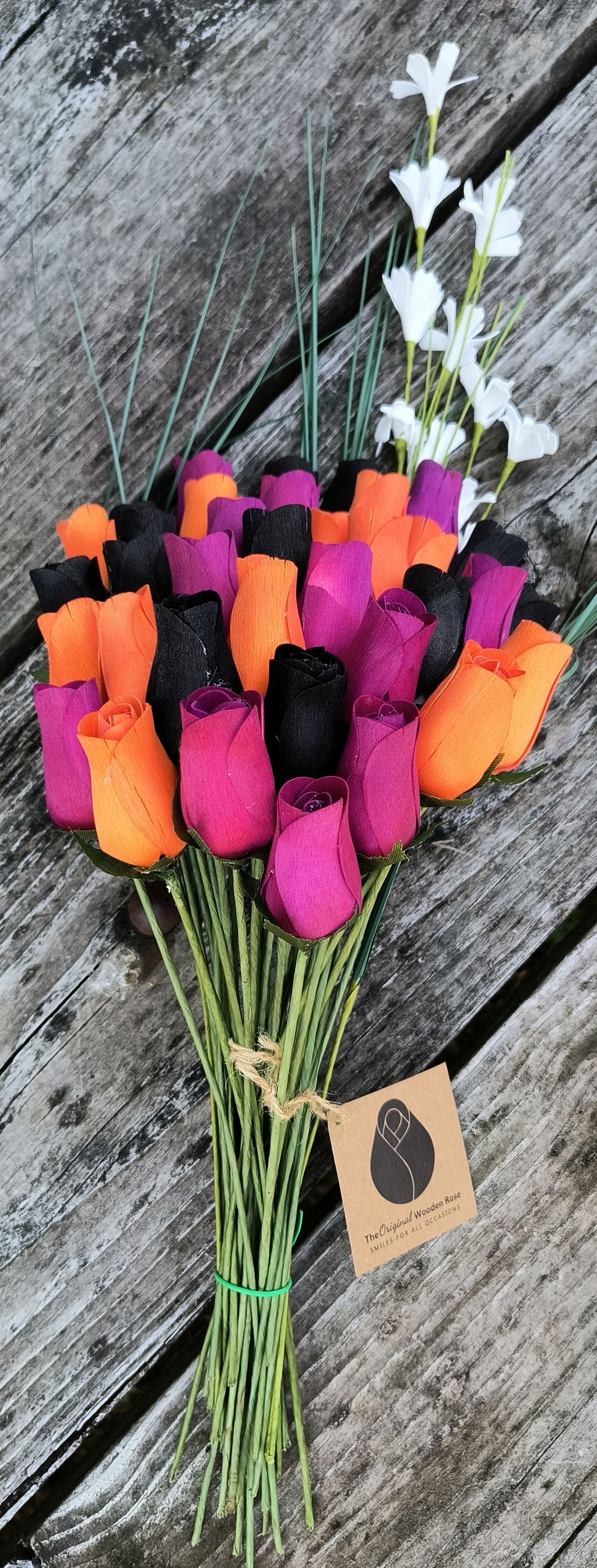 Halloween Wooden Rose Bouquet – Black, Orange & Violet