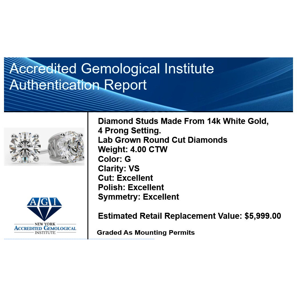 4.00 CTW AGI Certified Lab Grown Diamond Stud Earrings in 14K White or Yellow Gold - G Color VS Clarity