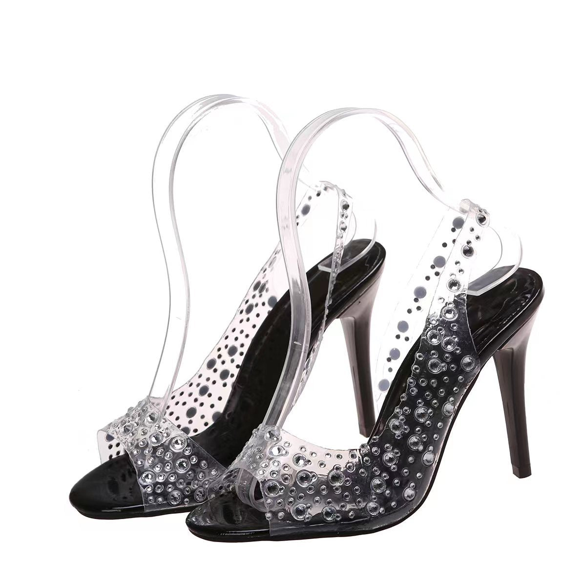Rhinestone High Heeled Open Toe Sandals Women Pointed Toe Mixed with Crystal Fish Mouth Shoes