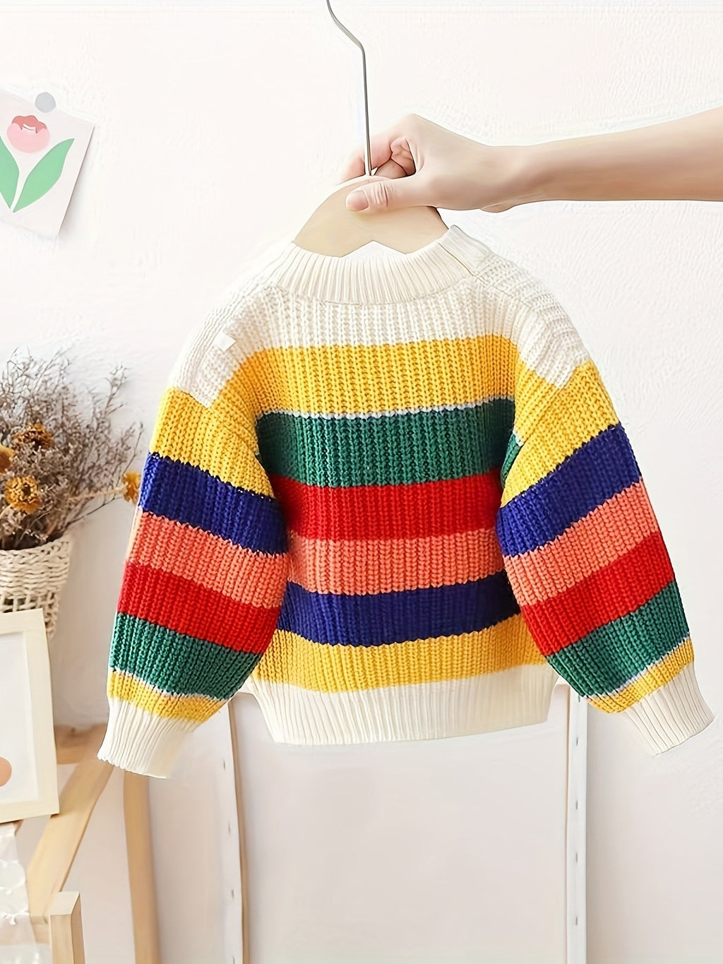 Kids Rainbow Striped Knit Sweater — Baby & Toddler Crewneck Pullover, Thick Long-Sleeve Loose Fit (0-3 Years)