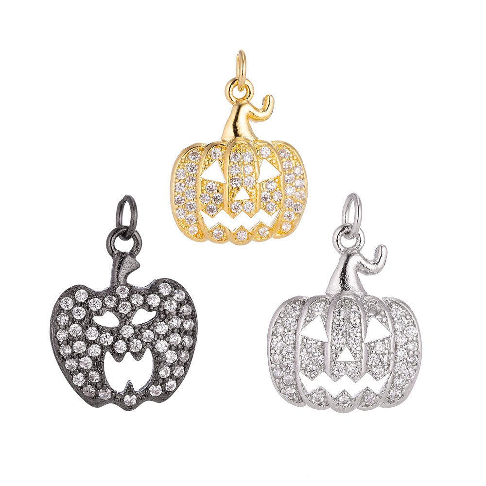 Gold Filled Jack O Lantern Pumpkin Face Cubic Zirconia Micro Pave Charm Bracelet Necklace Earring Pendant halloween for Jewelry Making C-131