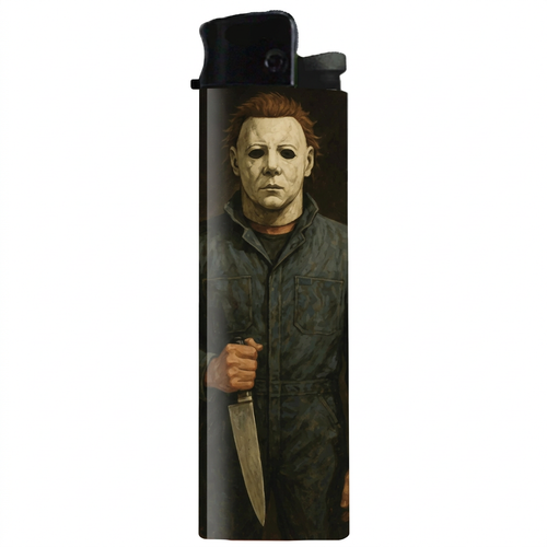 Black Michael Says Happy Halloween lighter, front view centered on a white background